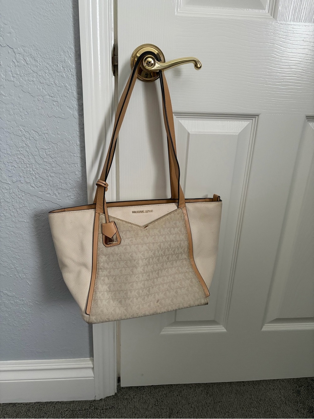 Michael Kors Cream Tote with Tan Trim and MK Signature Panel
